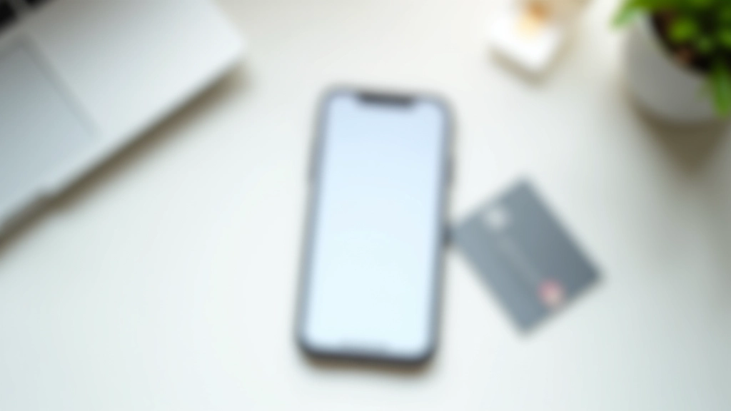 Teléfono inteligente mostrando aplicación de banca en línea con saldo visible, tarjeta bancaria y billetera sobre superficie clara