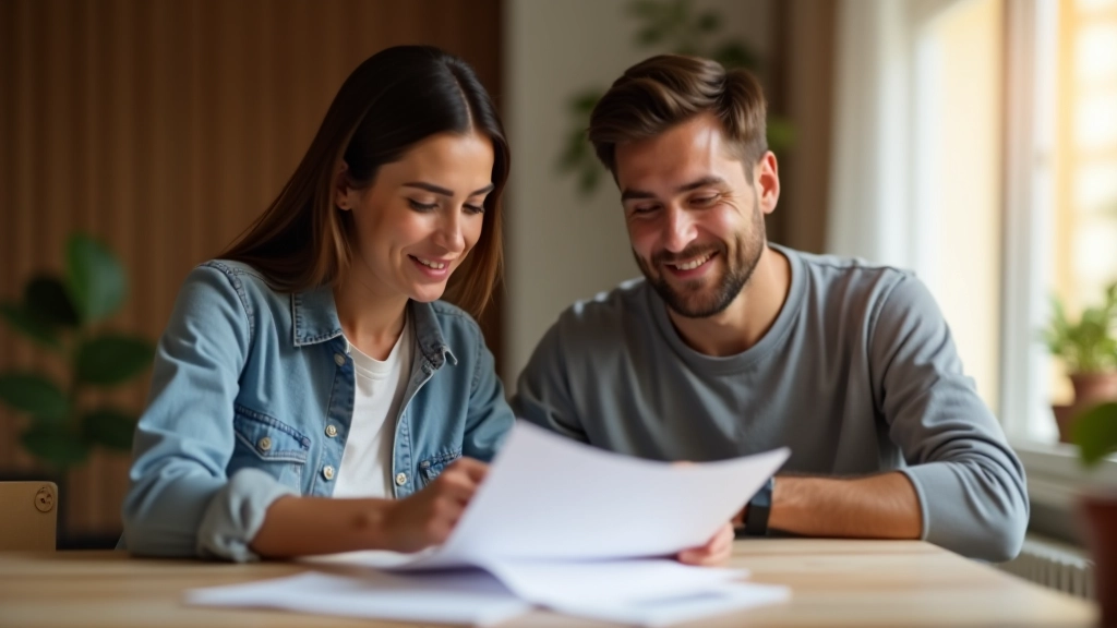 Pareja revisando documentos financieros en casa, sentados juntos, ambiente positivo