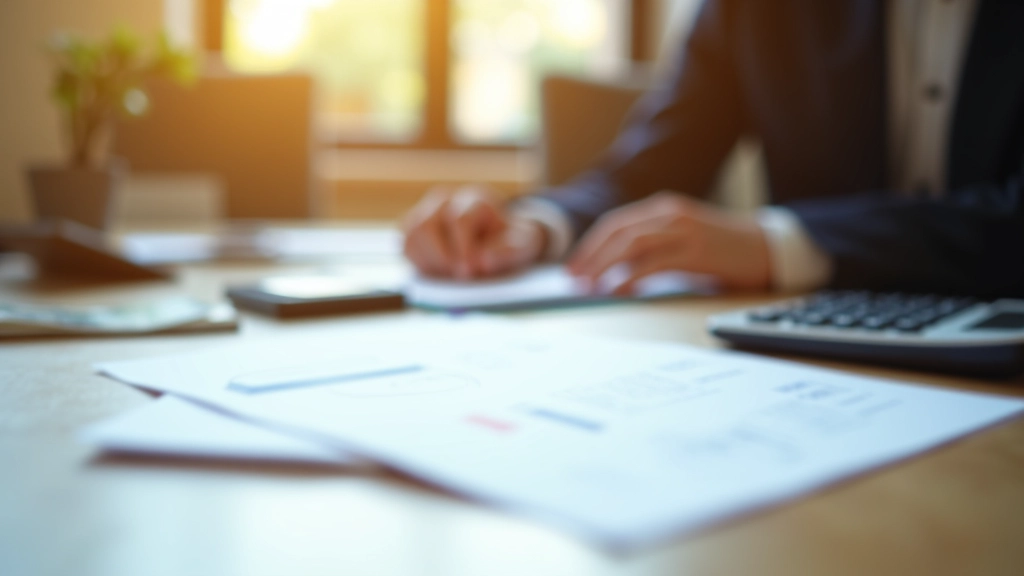 Escritorio profesional con documentos financieros, calculadora y dinero, luz natural cálida