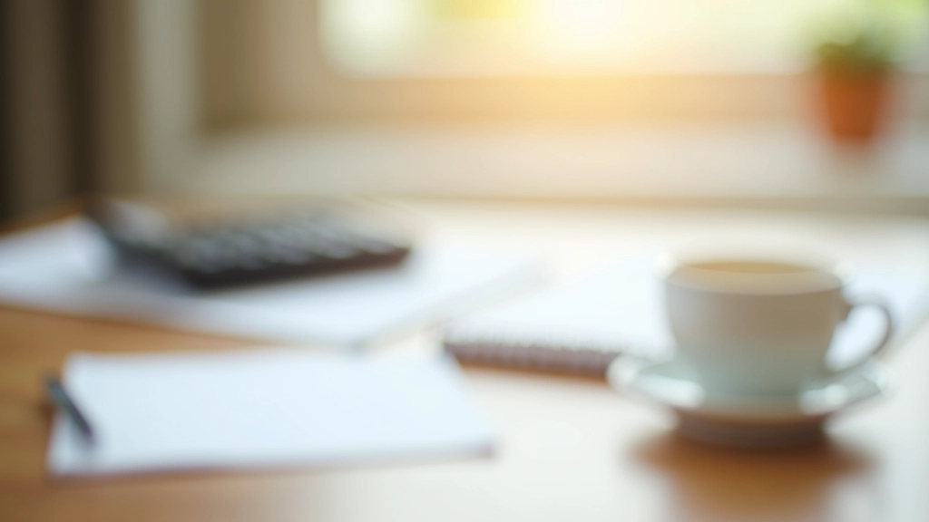 Escritorio organizado con calculadora, cuaderno y taza de café, planificación financiera