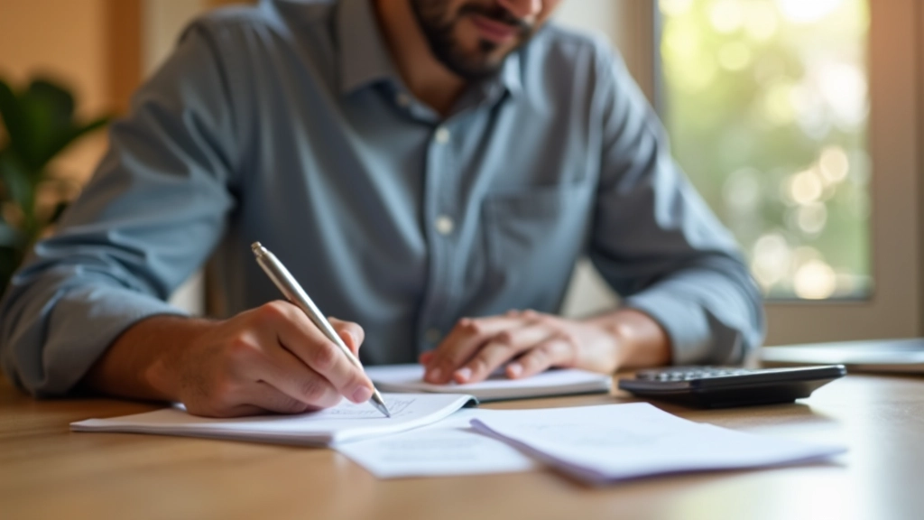 Persona escribiendo en un cuaderno con lista de gastos mensuales, calculadora y bolígrafos sobre mesa de madera