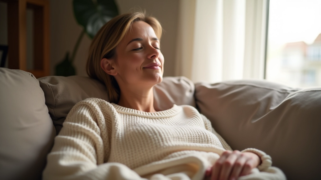 Persona descansando en casa con expresión tranquila, luz natural, ambiente sereno