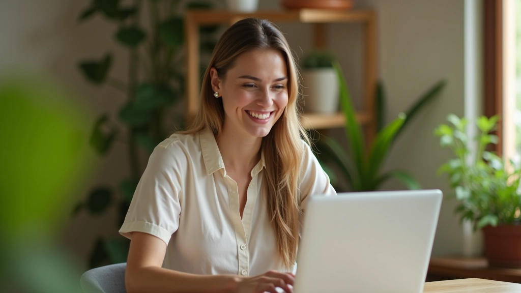 Persona adulta sonriendo mientras revisa su cuenta de ahorros en laptop, ambiente de oficina en casa con plantas verdes y luz natural